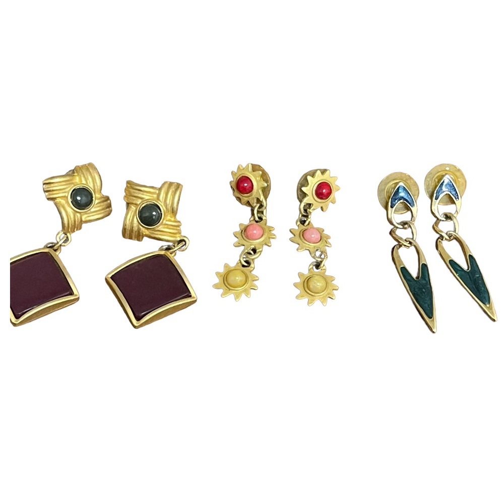 Vintage Set of three earrings, multiple colors in gold colored settings